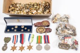 Approximately 2kg weight of military badges, buttons, etc, including 5 WWII medals: 1939-45 star,
