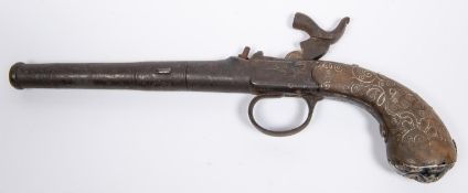 A late 18th century 26 bore silver mounted cannon barrelled pistol converted to percussion, 12"