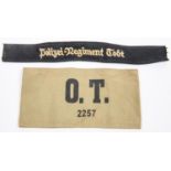 A Third Reich cuff title, Polizei Regiment Todt, also a printed khaki armband "O.T. 2257", GC (the