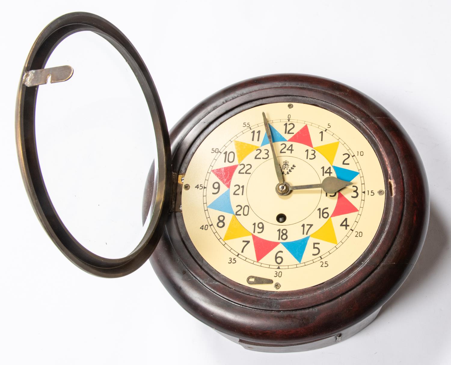 A WWII type RAF wooden cased wall clock, with coloured face, 12" diameter, complete with pendulum - Image 3 of 4