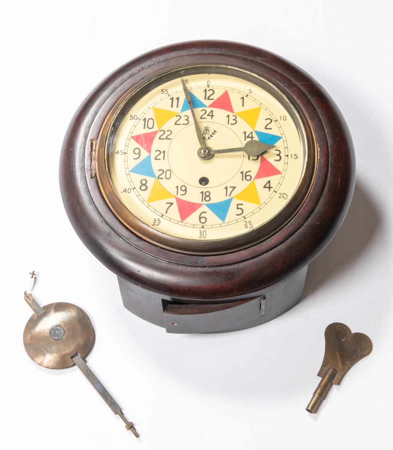 A WWII type RAF wooden cased wall clock, with coloured face, 12" diameter, complete with pendulum