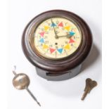 A WWII type RAF wooden cased wall clock, with coloured face, 12" diameter, complete with pendulum