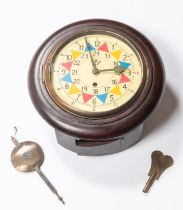 A WWII type RAF wooden cased wall clock, with coloured face, 12" diameter, complete with pendulum