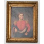 An oil on canvas of an unidentifed youthful mid 19th century officer, in scarlet uniform with high