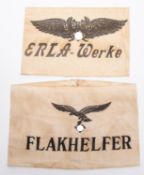 A linen armband, with black printed Luftschutz logo over "ERLA-Werke"; and another similar with