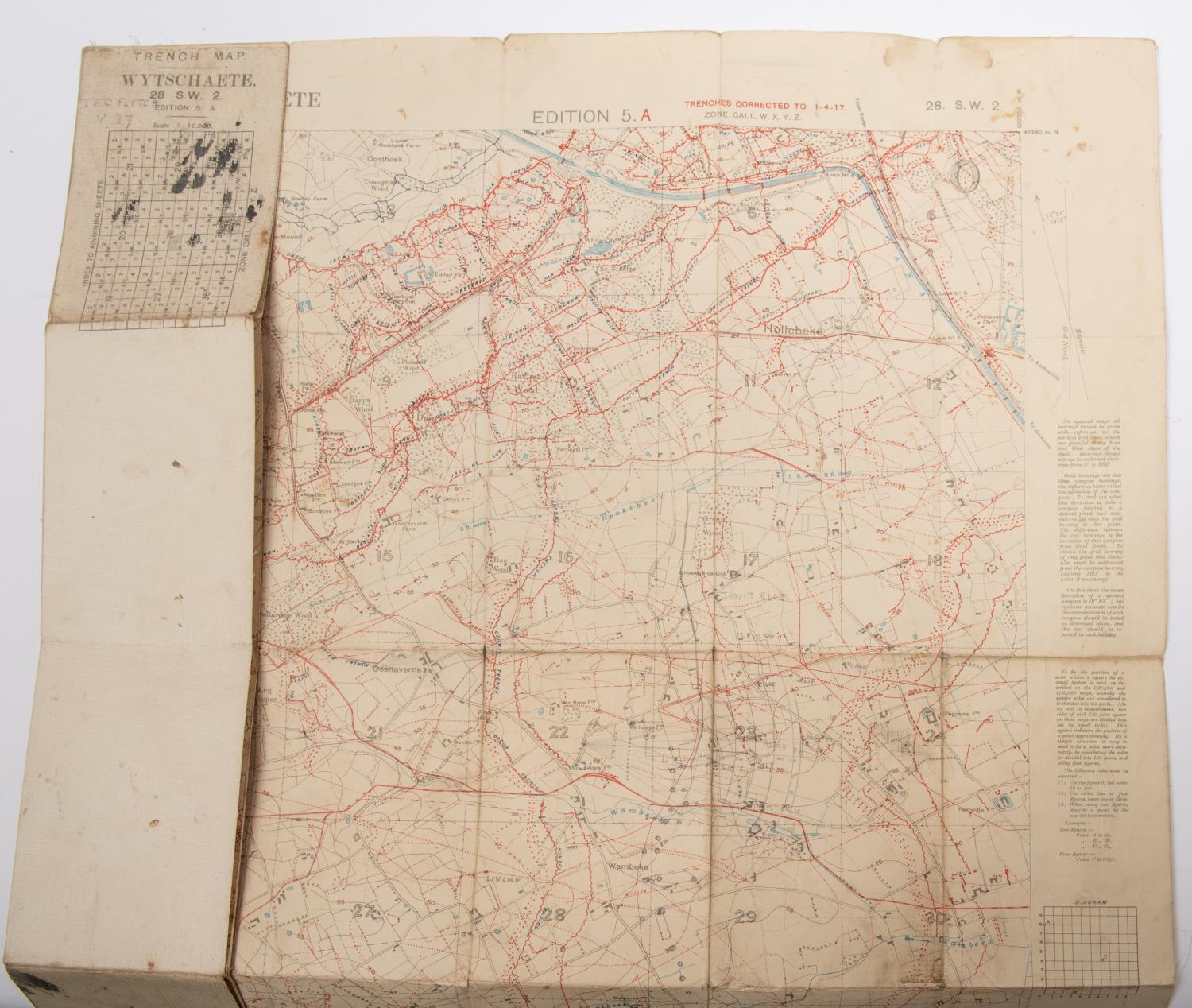 A WWI trench map of Wytschaete, 1-10000 dated 1.4.17; another of Belgium, 1-20000, dated 18.7.17;