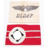 A linen armband, with black printed Luftschutz logo over "NSDAP", with rubber stamp; and an NSDAP