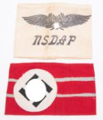 A linen armband, with black printed Luftschutz logo over "NSDAP", with rubber stamp; and an NSDAP