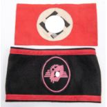 A Third Reich NSDAP armband, with applique swastika panel alloy number 4 and pip affixed; also an