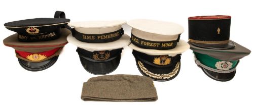 A post 1953 Royal Navy officers peaked cap, another similar and 2 ratings caps; 2 Russian caps, an