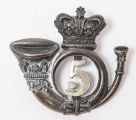 A Victorian blackened brass bugle shako badge, with QVC and white metal "5" in the centre. GC £40-50