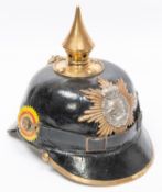An Imperial German ORs pickelhaube black leather skull, Saxony helmet plate, brass mounts. GC £200-