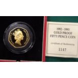 Elizabeth II Gold proof Fifty Pence coin 1992-1993, one of a limited run of 2,500 struck in 22ct