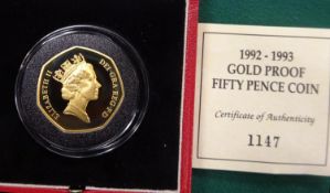 Elizabeth II Gold proof Fifty Pence coin 1992-1993, one of a limited run of 2,500 struck in 22ct
