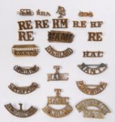 Eight brass shoulder titles: ABERDEEN CITY/RFA; T/RAMC/ HIGHLAND (2, one separated); R.MONMOUTH; 1/