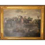 A vivid oil on canvas of a cavalry skirmish during the Waterloo campaign, the reverse canvas