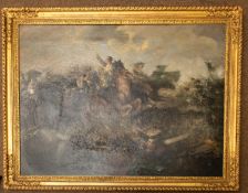 A vivid oil on canvas of a cavalry skirmish during the Waterloo campaign, the reverse canvas