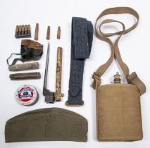 A WWII No 4 spike bayonet, a 1937 pattern water bottle and cradle; a post WWII German FS cap and