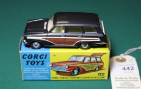 Corgi Toys Ford Consul Cortina Super Estate Car (491). An example in metallic dark grey with wood