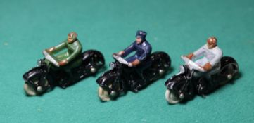 3 Dinky Toys Motorcyclists. 2x 37a Civilian, rider in dark green and rider in grey. Plus a Police