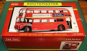 A Sunstar 1:24 scale Routemaster Bus. RM 8 in Lonon Transport red with cream bans. With 'Routemaster