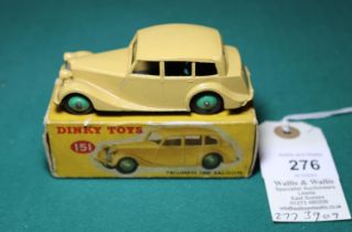 Dinky Toys Triumph 1800 Saloon (151). In tan with light green wheels and black rubber tyres.