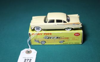 Dinky Toys Dodge Royal Sedan (191). An example in cream with tan rear flash, with spun wheels and