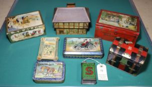 Collection of Antique tins, Some car related, Small Singer Sewing Machine oil can, still contains