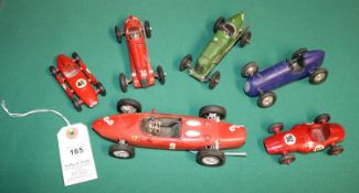 6 racing cars. 3 Scamold single seater racing cars. Maserati in red, RN16. An Alta in blue and an