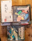 Super Simon, Simon, And playstation 3. PS3 has Controller, manuals, and cables, And packing