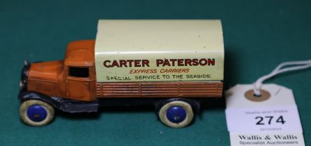 Dinky Toys 25 Series Covered Wagon (25b). An example in orange with blue wheels and original white