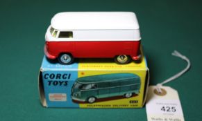 Corgi Toys Volkswagen Delivery Van (433). In white and bright red with yellow interior, dished