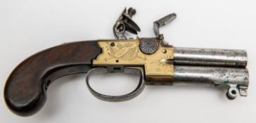 A double barrelled 54 bore over and under tap action flintlock boxlock pistol c 1815, 7¾" overall,
