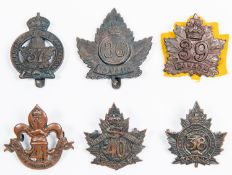 6 WWI CEF Infantry cap badges: 36th (slider), 37th by Tiptaft (slider), 38th by Inglis, 39th, 40th ,