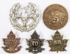 5 WWI CEF Infantry cap badges: 67th (relugged), 68th, 69th, 70th, and 72nd. GC £80-120