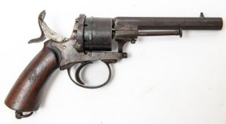 A Belgian 6 shot 9mm pin fire open frame double action revolver, 9" overall, octagonal barrel 4½",