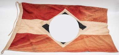 A Third Reich Hitler Youth flag, 36" x 23", with overlaid emblem, the hoist bearing various stamps