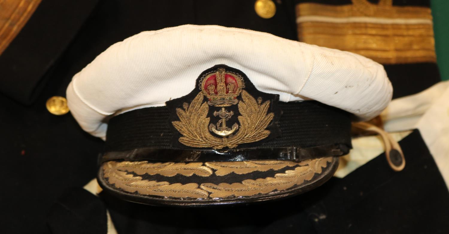 A WWII Royal Navy Flag Officers cap, bullion embroidered peak, together with jacket, trousers and - Image 2 of 2
