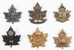 6 WWI CEF Infantry cap badges: 49th by Inglis, 50th, 51st by Service Supply, 52nd, 53rd, and 54th