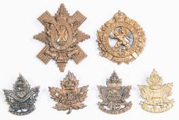 6 WWI CEF Infantry cap badges: 42nd with flat lugs, 43rd, 44th, 45th, 46th by Service Supply, and