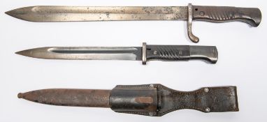 A German Third Reich period K98 bayonet by Weyersberg, in its scabbard with leather frog, the