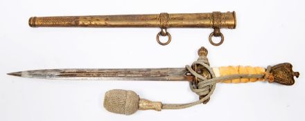 A Third Reich Naval officer's dirk, unmarked blade 9¾" , bullion knot, ivorine grip. GC (grip wire