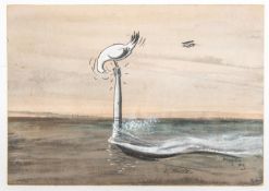 A WWII watercolour on board, showing a seagull perched on the periscope of a submerged U boat