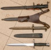 3 bayonets, French M1956, Swiss Mod. 1957, Swedish M1896, all have scabbards. GC (3) £60-70