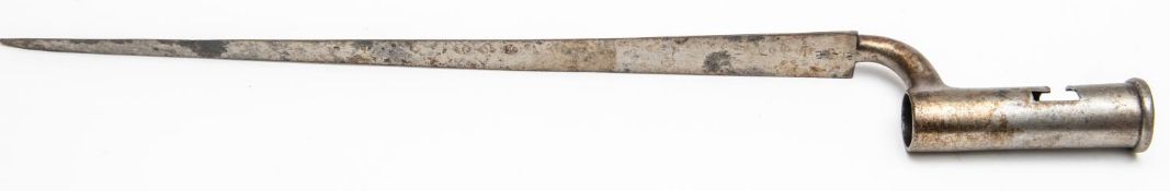 A Brown Bess triangular socket bayonet, blade 16" with faint maker's name "Deakin" and ordnance