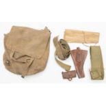 A 1908 pattern webbing waistbelt, a large pack dated 1915, 2 cross straps; a 1903 patt pistol