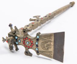 An Indian decorative adze, 11" overall, all brass with steel blade, inset with coloured beads. GC £