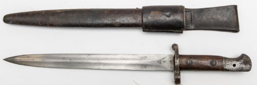 A 1903 pattern sword bayonet, for the SMLE, blade dated 1903; in its leather scabbard with