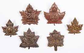 6 WWI CEF cap badges: 20th, 21st by Tiptaft, 26th, 27th, 28th and 29th by Tiptaft, (slider). GC £