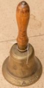 A WWII ARP brass hand bell, turned wood handle, 10¼". GC £40-45